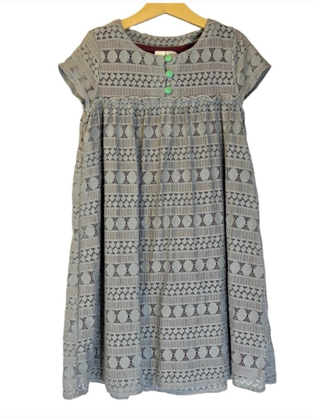 Matilda Jane Gray Lace Overlay Dress with Green Button Accents